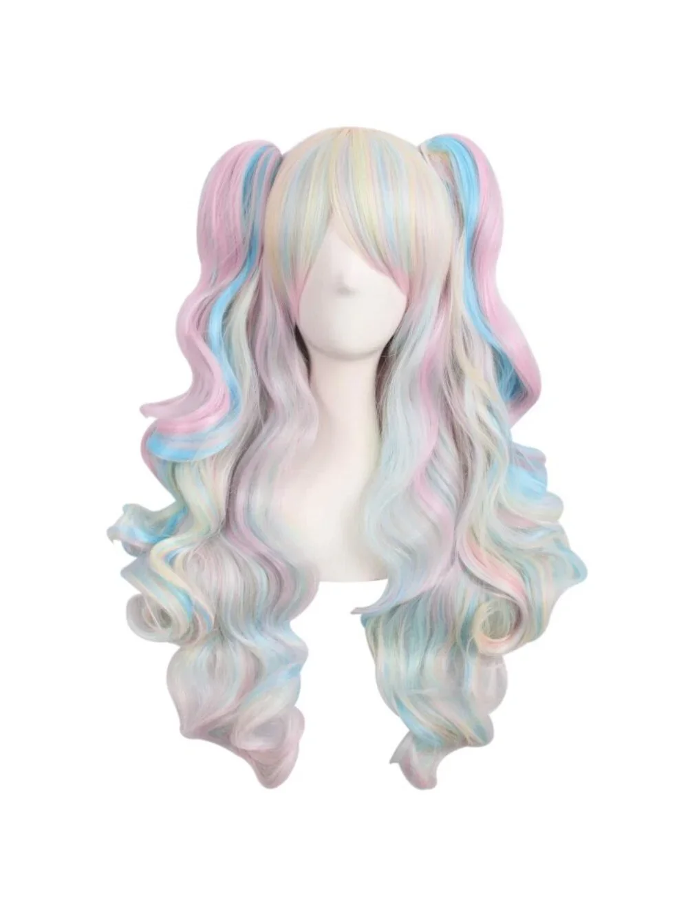 Women Pink Blue Blonde Synthetic Lolita Long Curly Clip On Ponytails Cosplay Wig